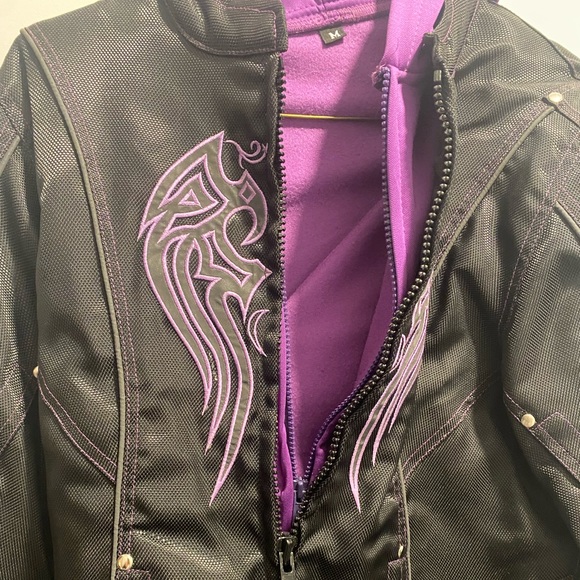 Leather Women's Black and Purple Leather Hoodie Jacket with Reflective Design - Picture 4 of 5